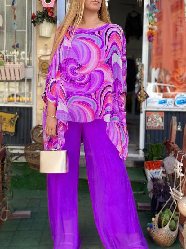 New Colorful Chiffon Set Casual Round Neck Print