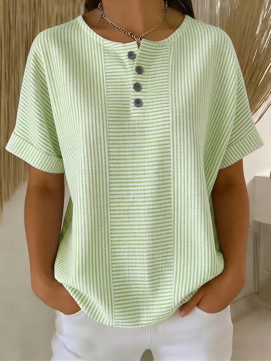 Women's Casual Solid-Color Striped Cotton-Linen Pullover with Buttons