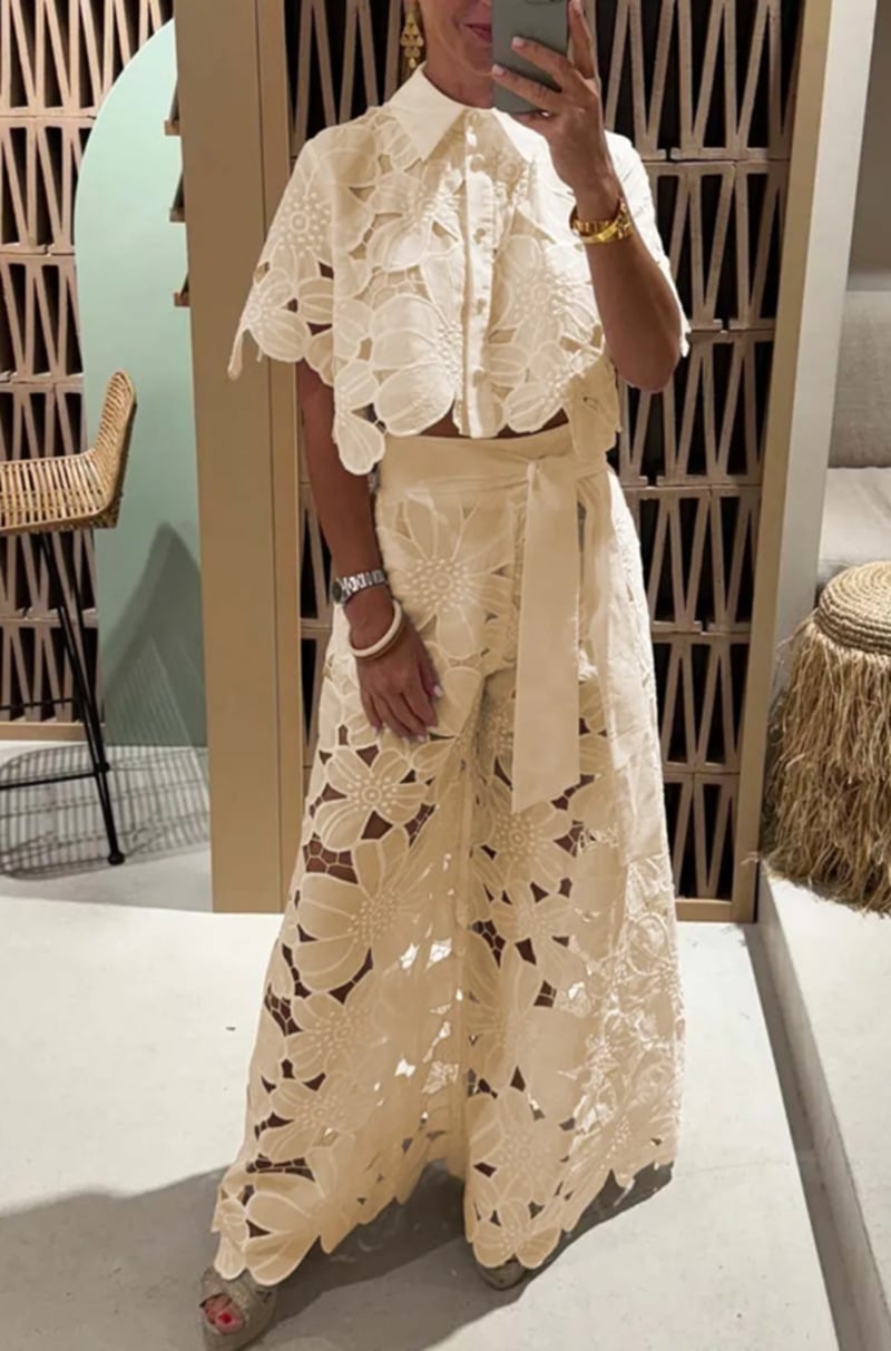Exquisite Floral Embroidered Hollow Lace Top and Wide-Leg Pants Set
