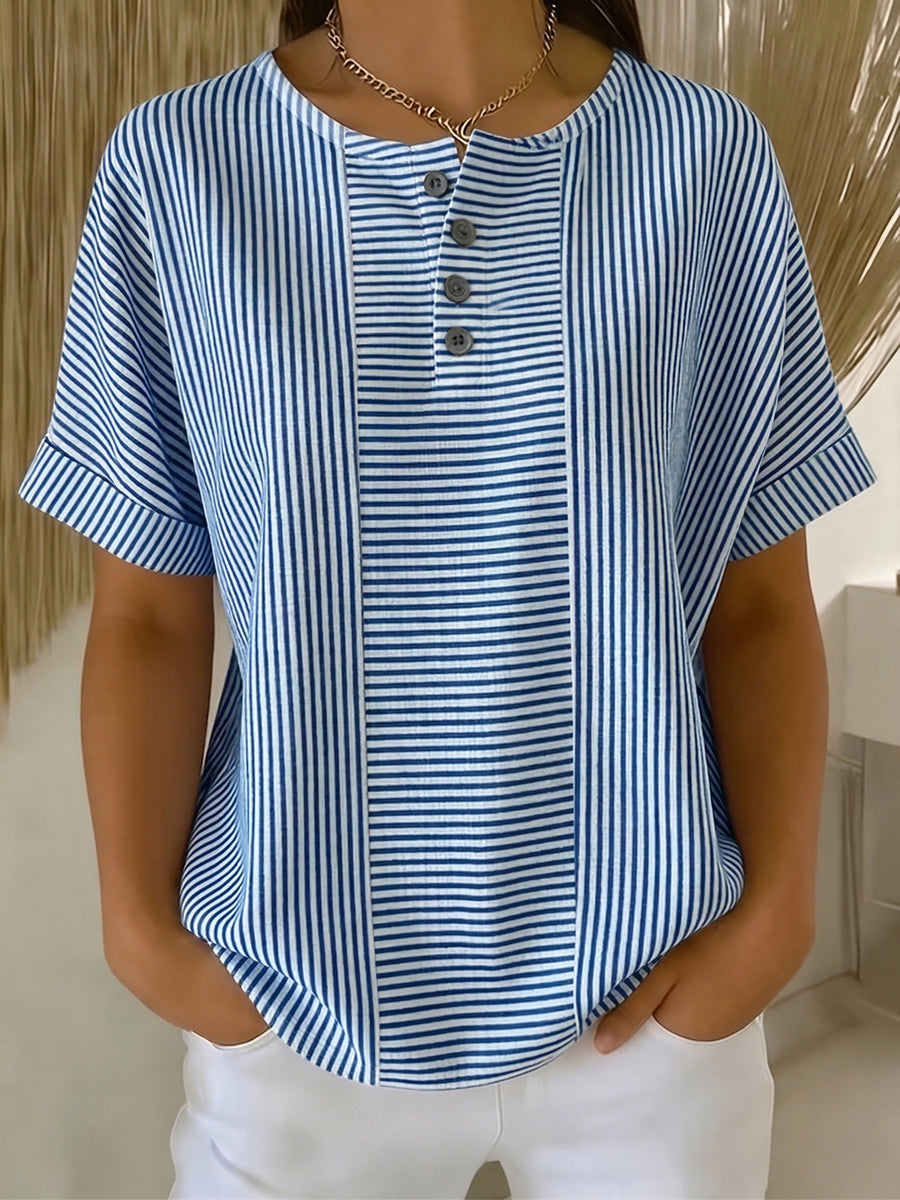 Women's Casual Solid-Color Striped Cotton-Linen Pullover with Buttons