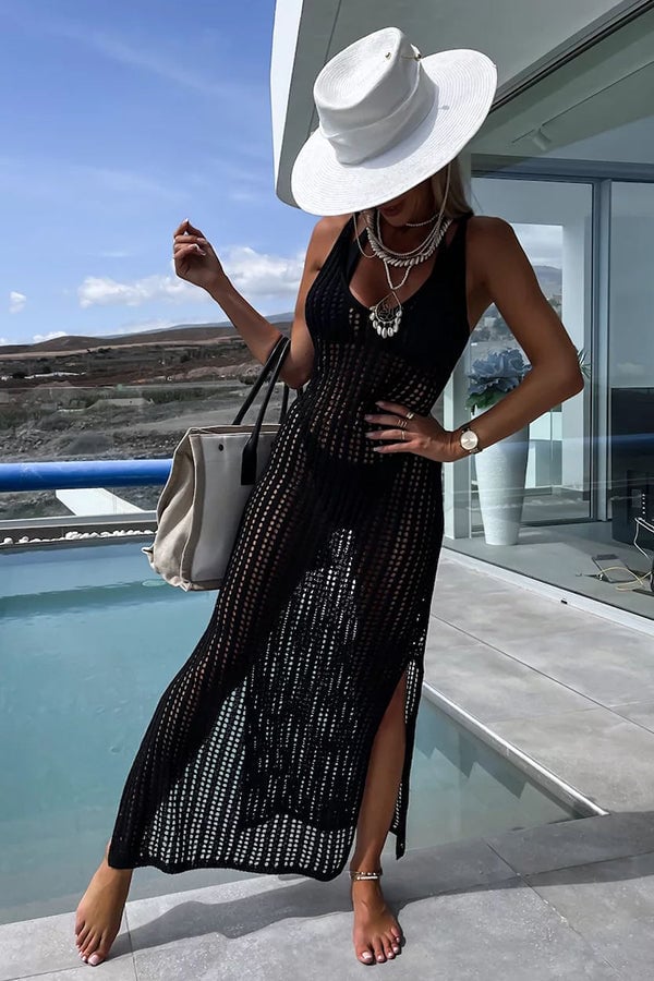 Crochet Knit Cross Back Cover-Up Maxi Dress