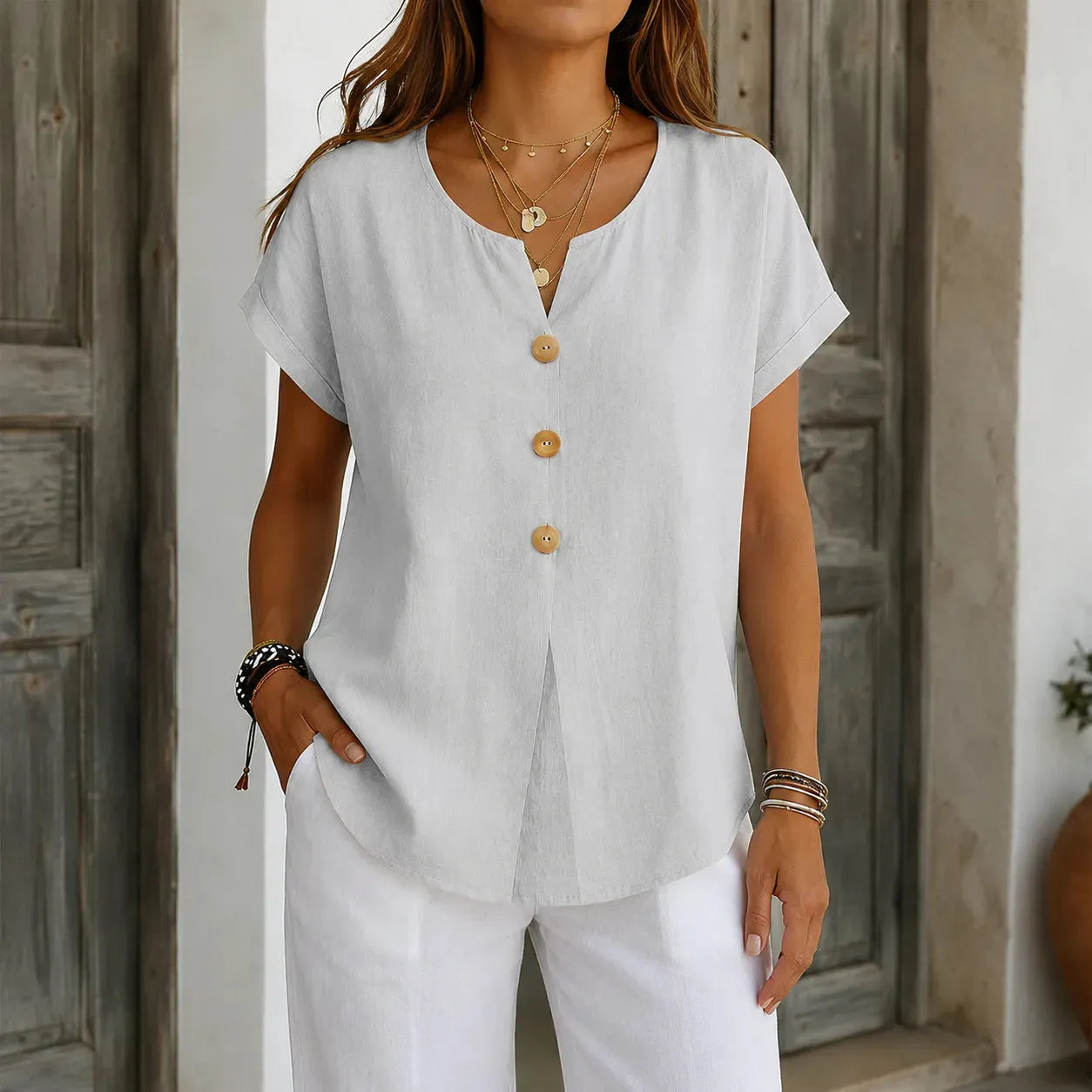🌝Summer New Arrivals:Women's Loose V-Neck Shirt with Faux-Wood Buttons