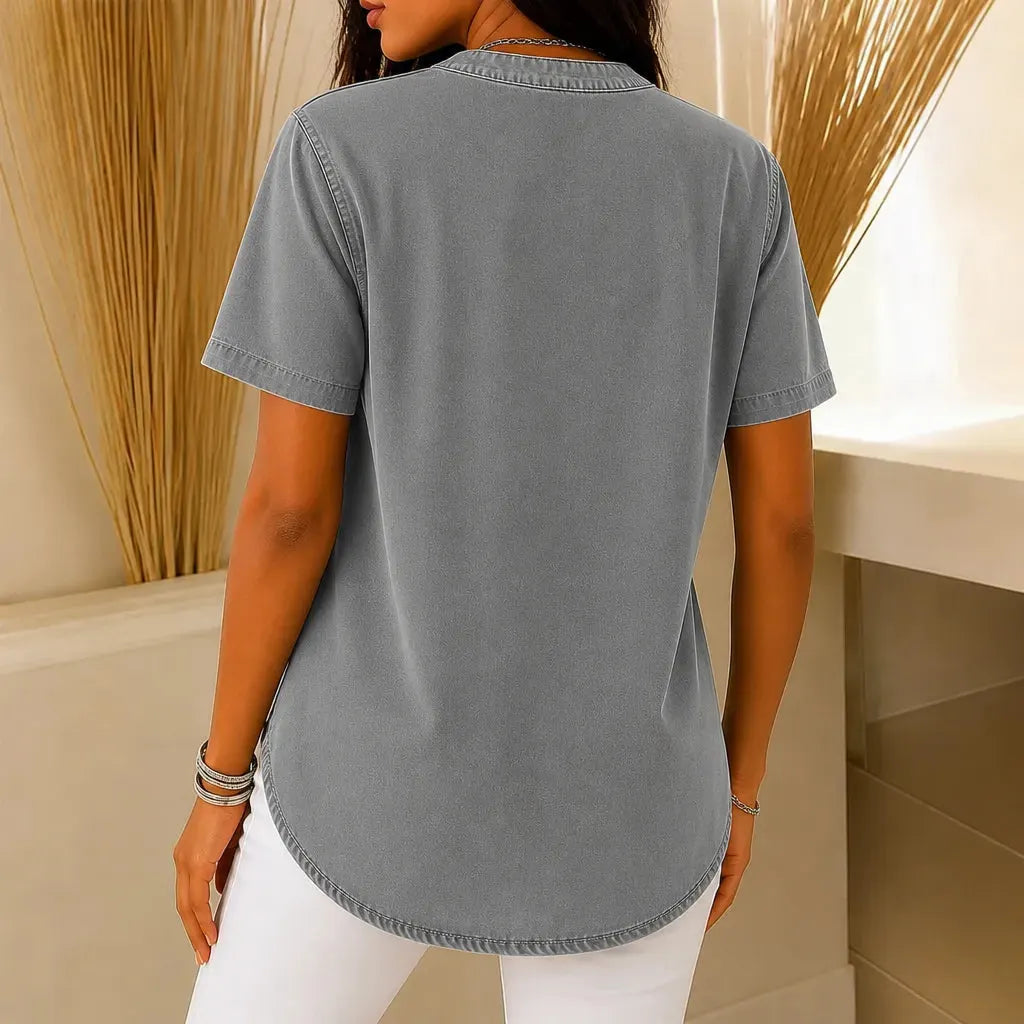 💃Hot sale 🌟Women's Long Denim Shirt – V-Neck Short-Sleeve Pullover