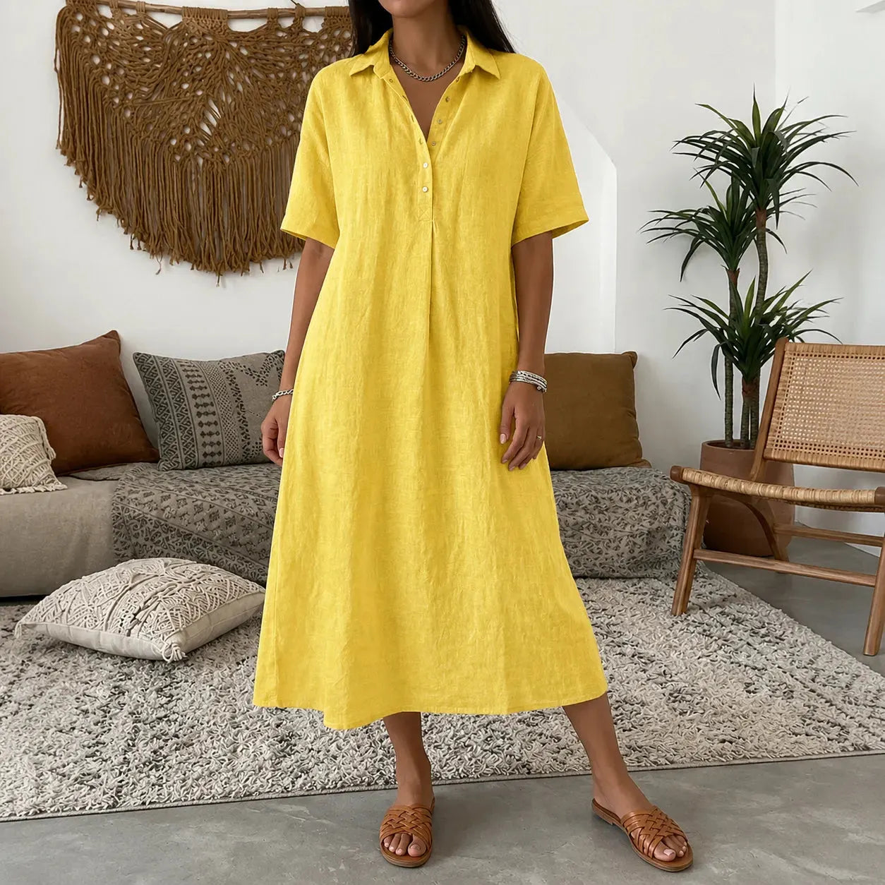 👠👗Women's Casual Cotton-Linen Short-Sleeve Polo-Collar Summer Dress