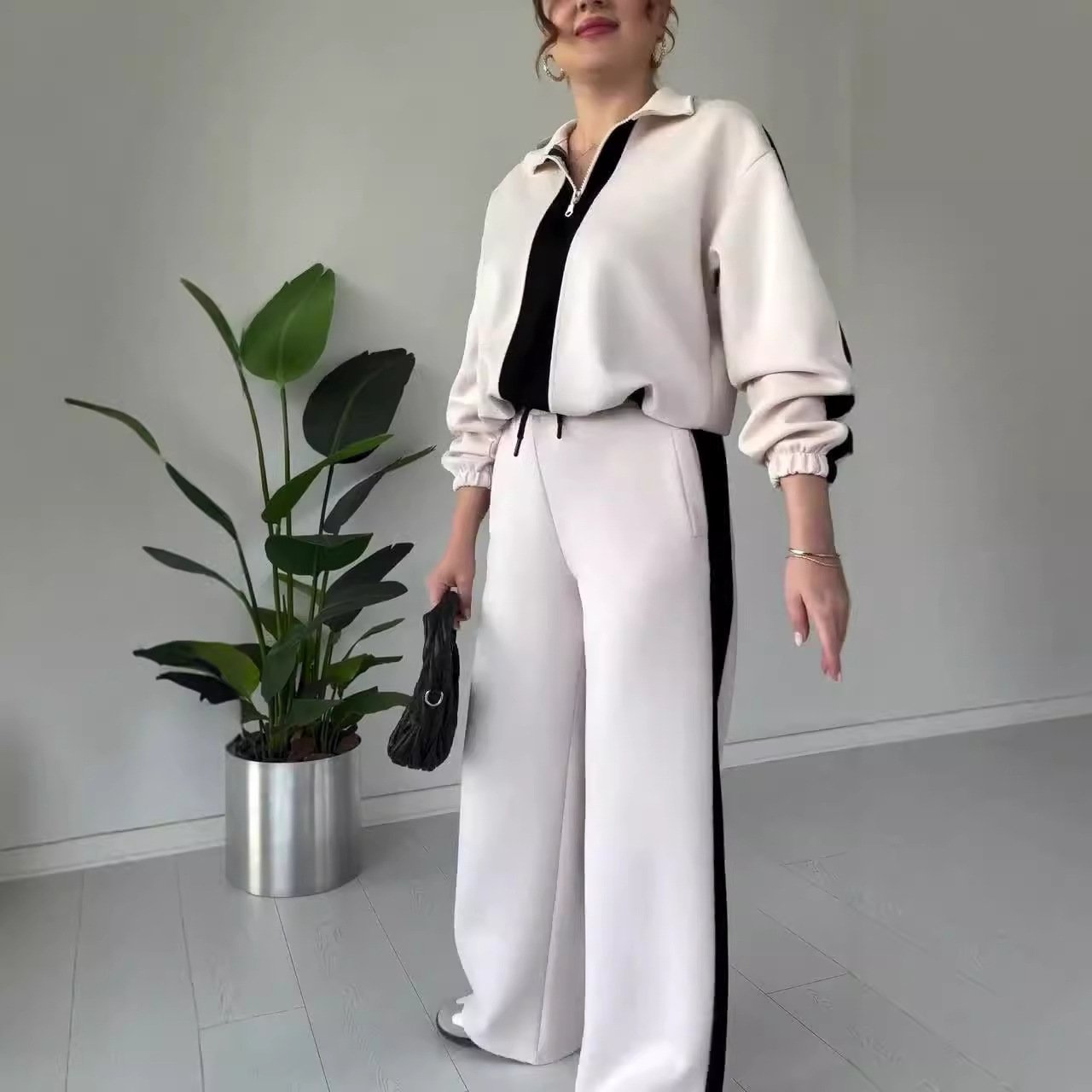 Women's Zipper Lapel Tops & Pants 2-Piece Set