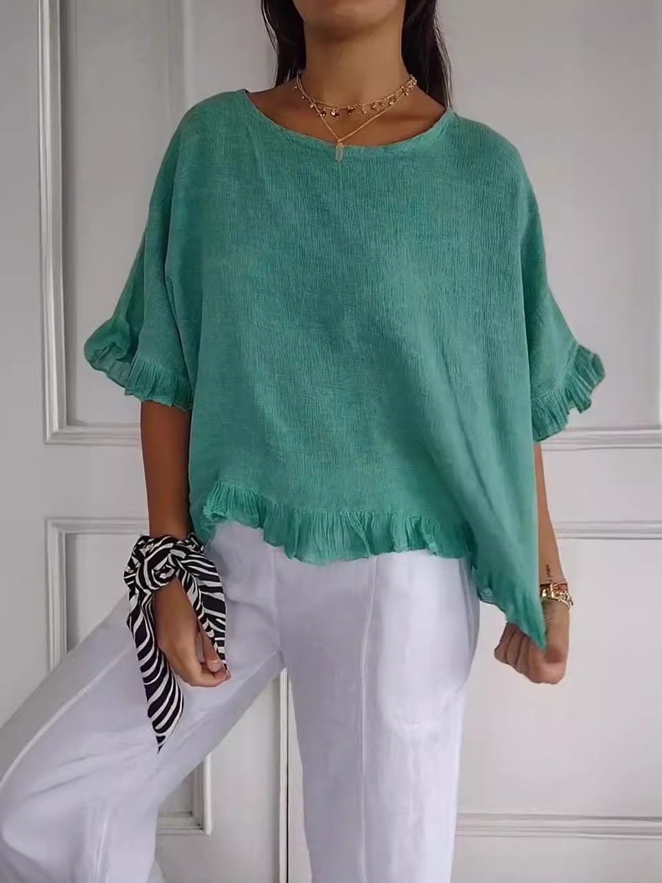 Round Neck Ruffled Hem Mid-sleeve Cotton and Linen Top (Buy 2 Free Shipping)