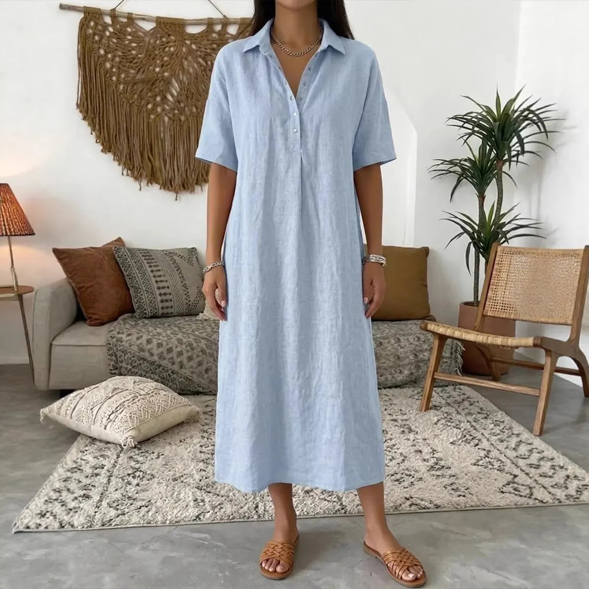 👠👗Women's Casual Cotton-Linen Short-Sleeve Polo-Collar Summer Dress