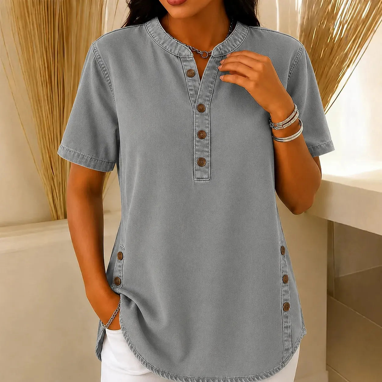 💃Hot sale 🌟Women's Long Denim Shirt – V-Neck Short-Sleeve Pullover