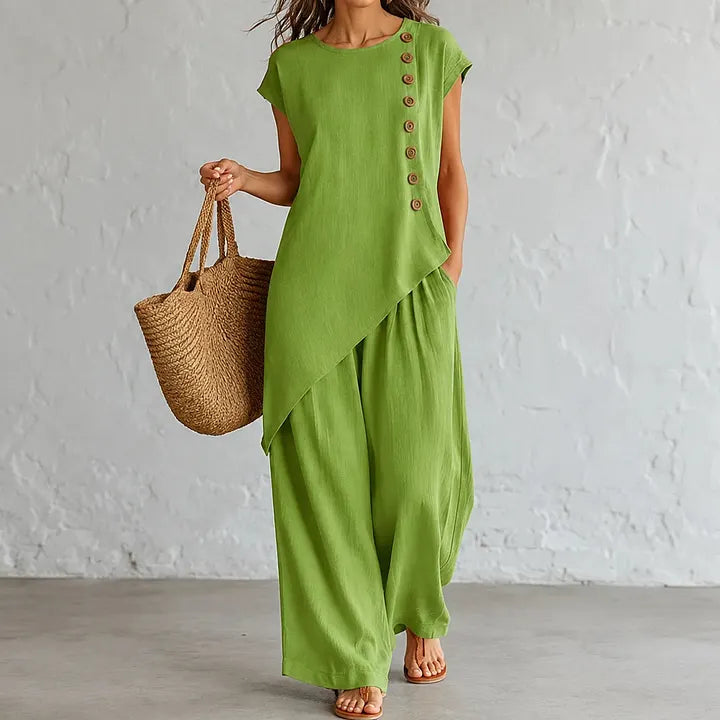 A round-neck, asymmetrical short-sleeved top and wide-leg trousers set with wooden buttons