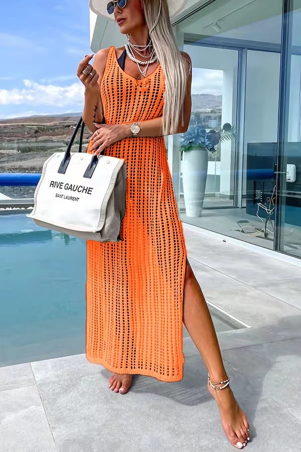 Crochet Knit Cross Back Cover-Up Maxi Dress