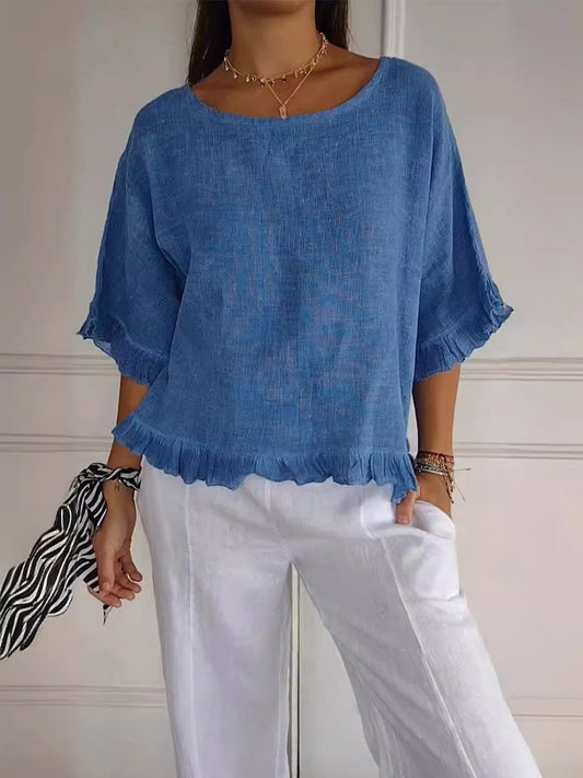 Round Neck Ruffled Hem Mid-sleeve Cotton and Linen Top (Buy 2 Free Shipping)