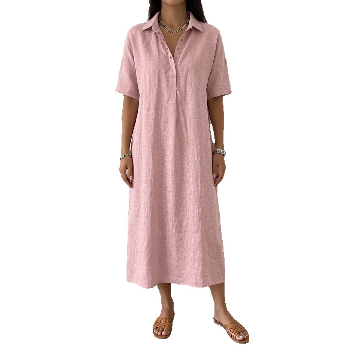 👠👗Women's Casual Cotton-Linen Short-Sleeve Polo-Collar Summer Dress