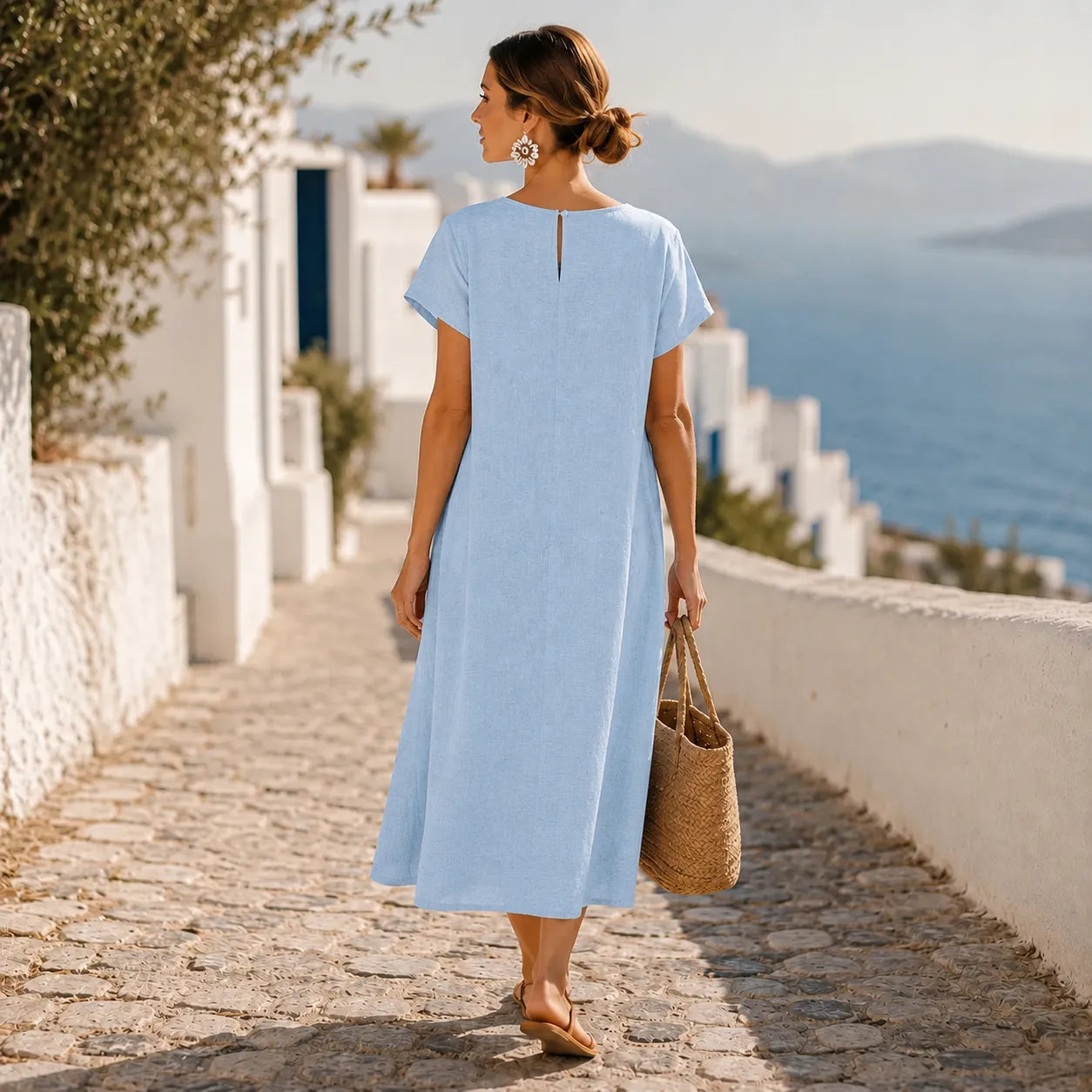 Round Neck Linen Midi Dress with Asymmetrical Buttons