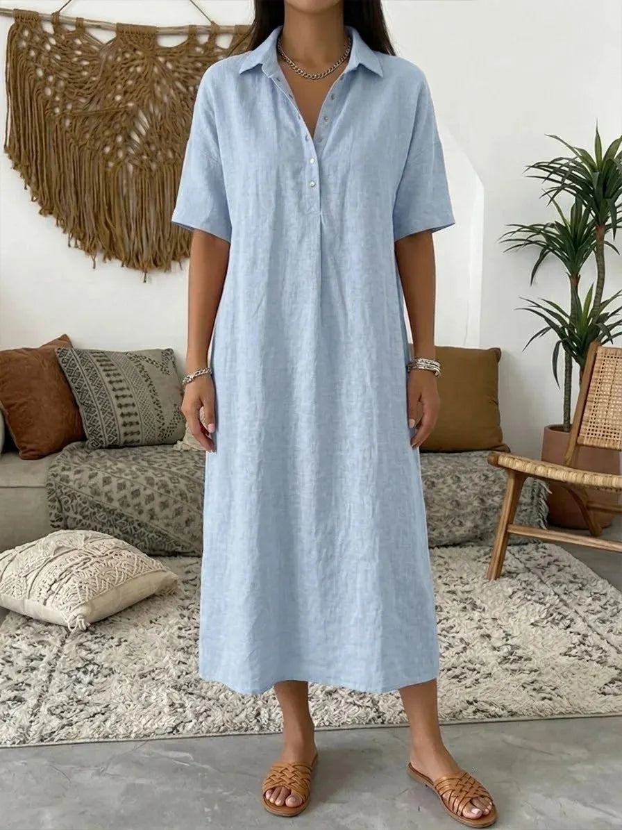 👠👗Women's Casual Cotton-Linen Short-Sleeve Polo-Collar Summer Dress