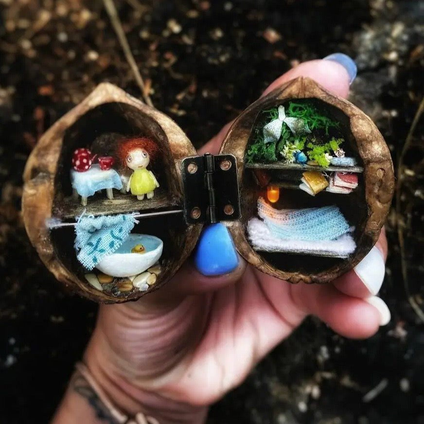 Handmade.Walnut Shell Doll House--mini library, tiny World inside walnuts