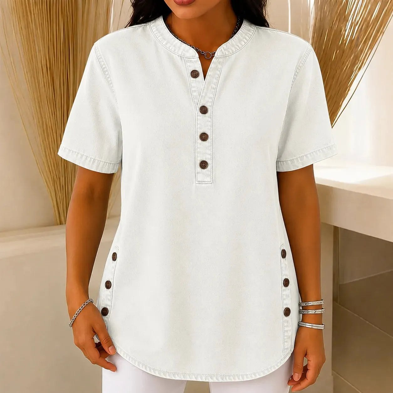 💃Hot sale 🌟Women's Long Denim Shirt – V-Neck Short-Sleeve Pullover