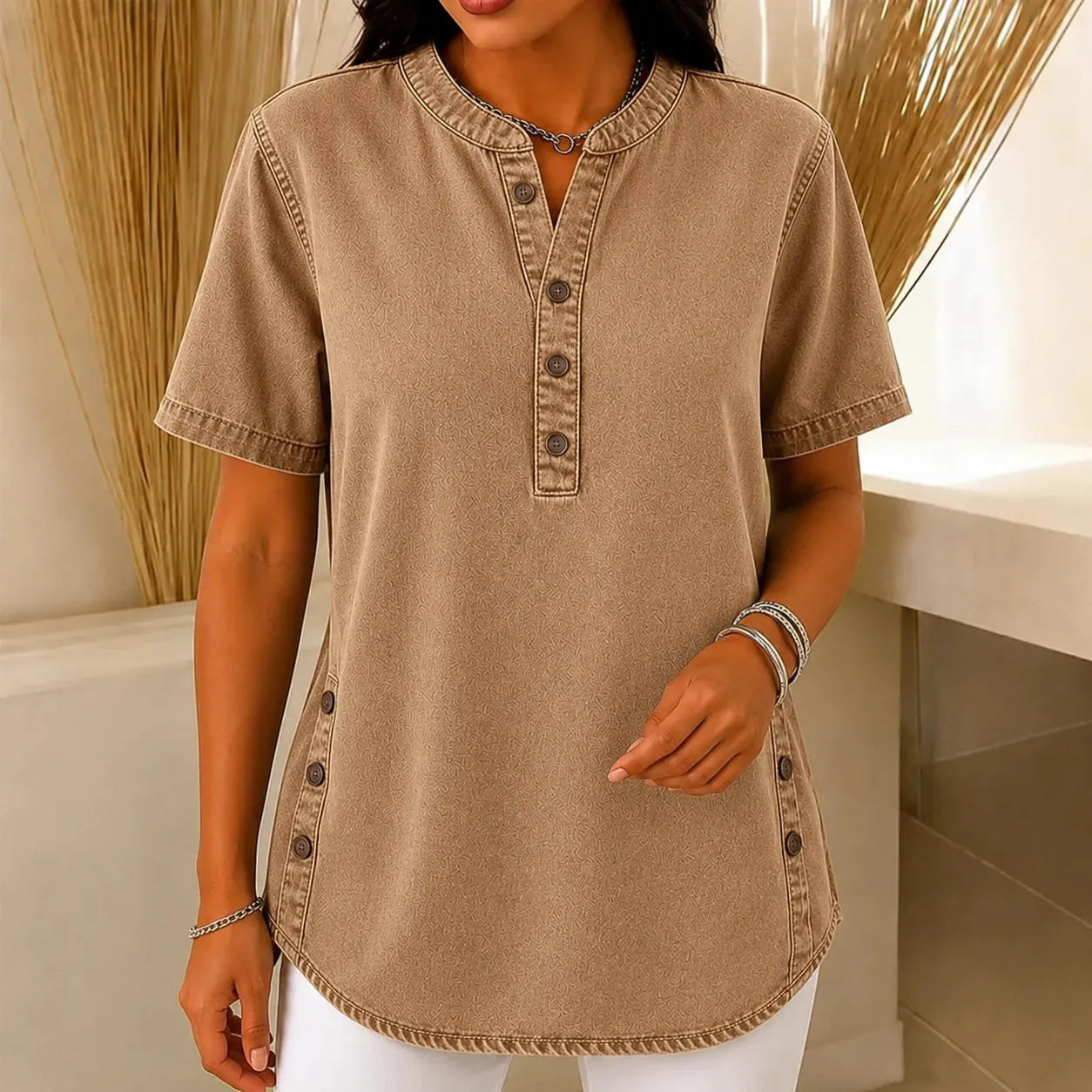 💃Hot sale 🌟Women's Long Denim Shirt – V-Neck Short-Sleeve Pullover
