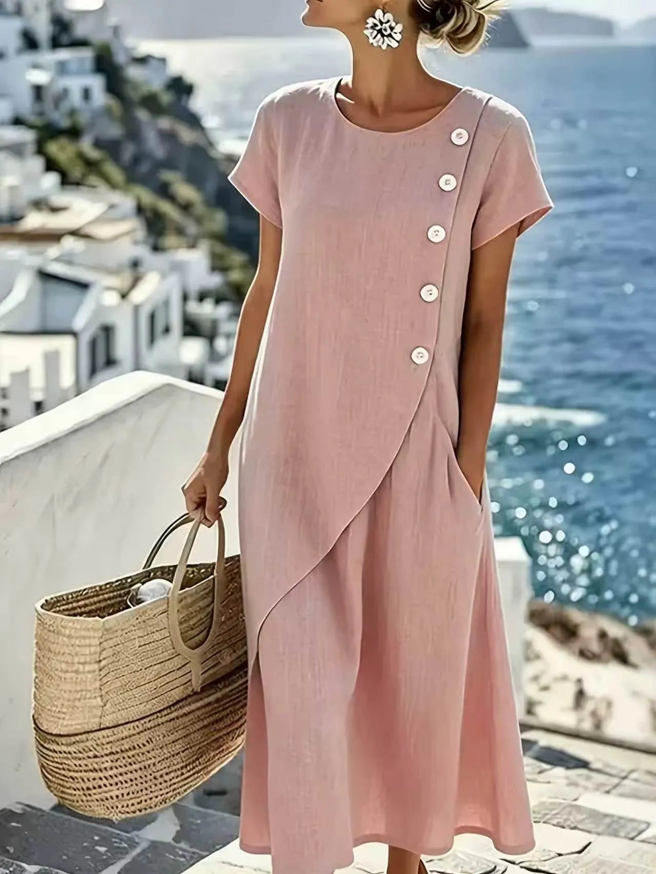 Round Neck Linen Midi Dress with Asymmetrical Buttons
