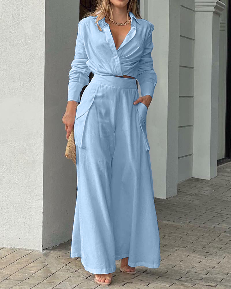 Casual Loose Solid Color Sling V-neck Two-piece Suit