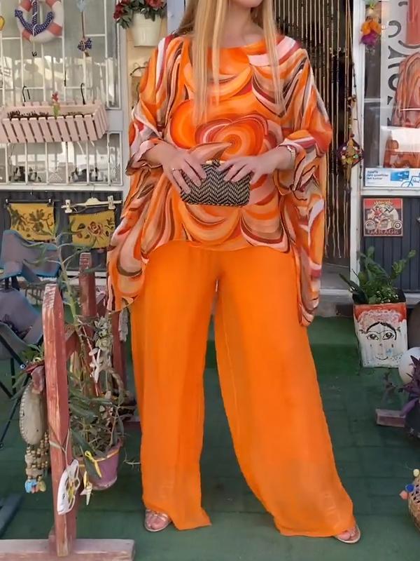 New Colorful Chiffon Set Casual Round Neck Print