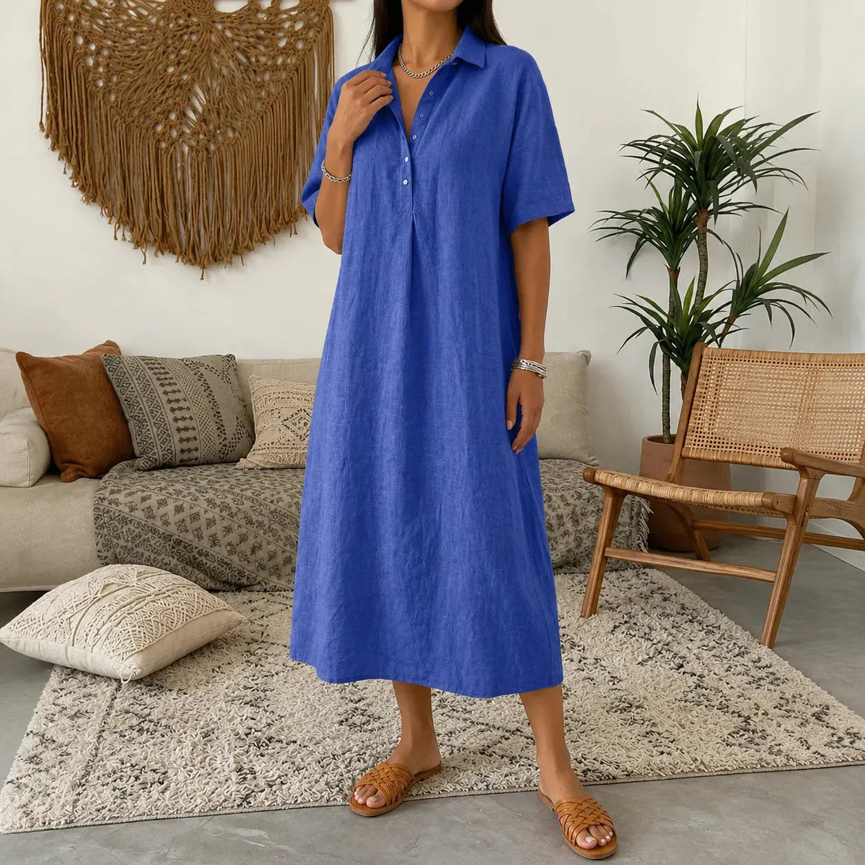 👠👗Women's Casual Cotton-Linen Short-Sleeve Polo-Collar Summer Dress