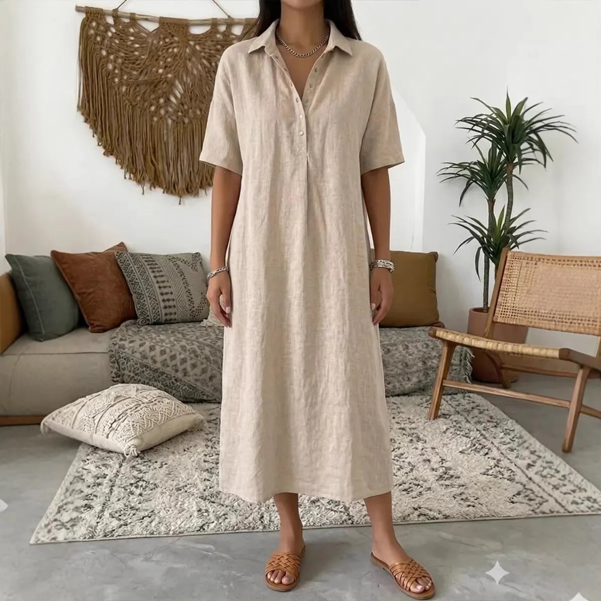 👠👗Women's Casual Cotton-Linen Short-Sleeve Polo-Collar Summer Dress