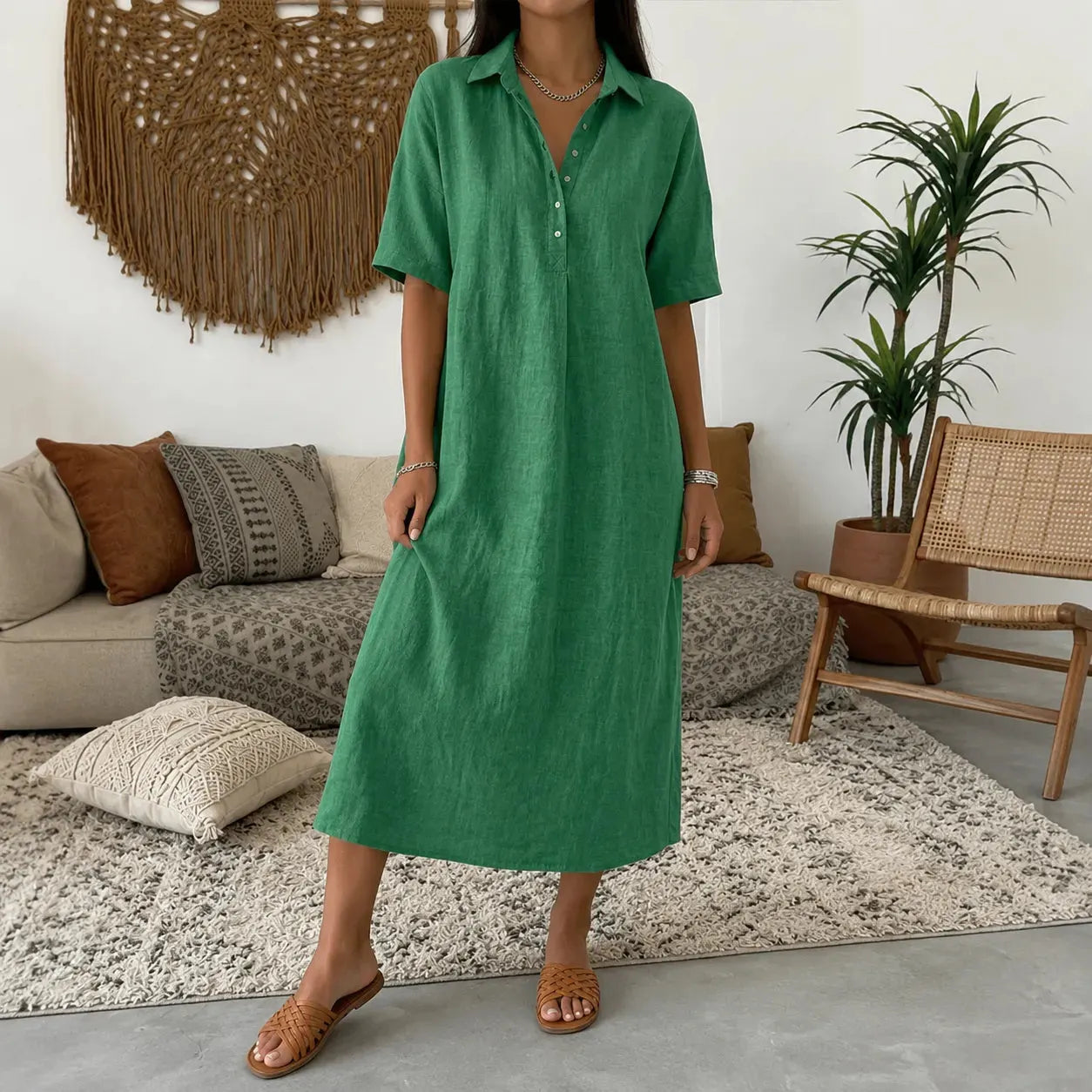 👠👗Women's Casual Cotton-Linen Short-Sleeve Polo-Collar Summer Dress