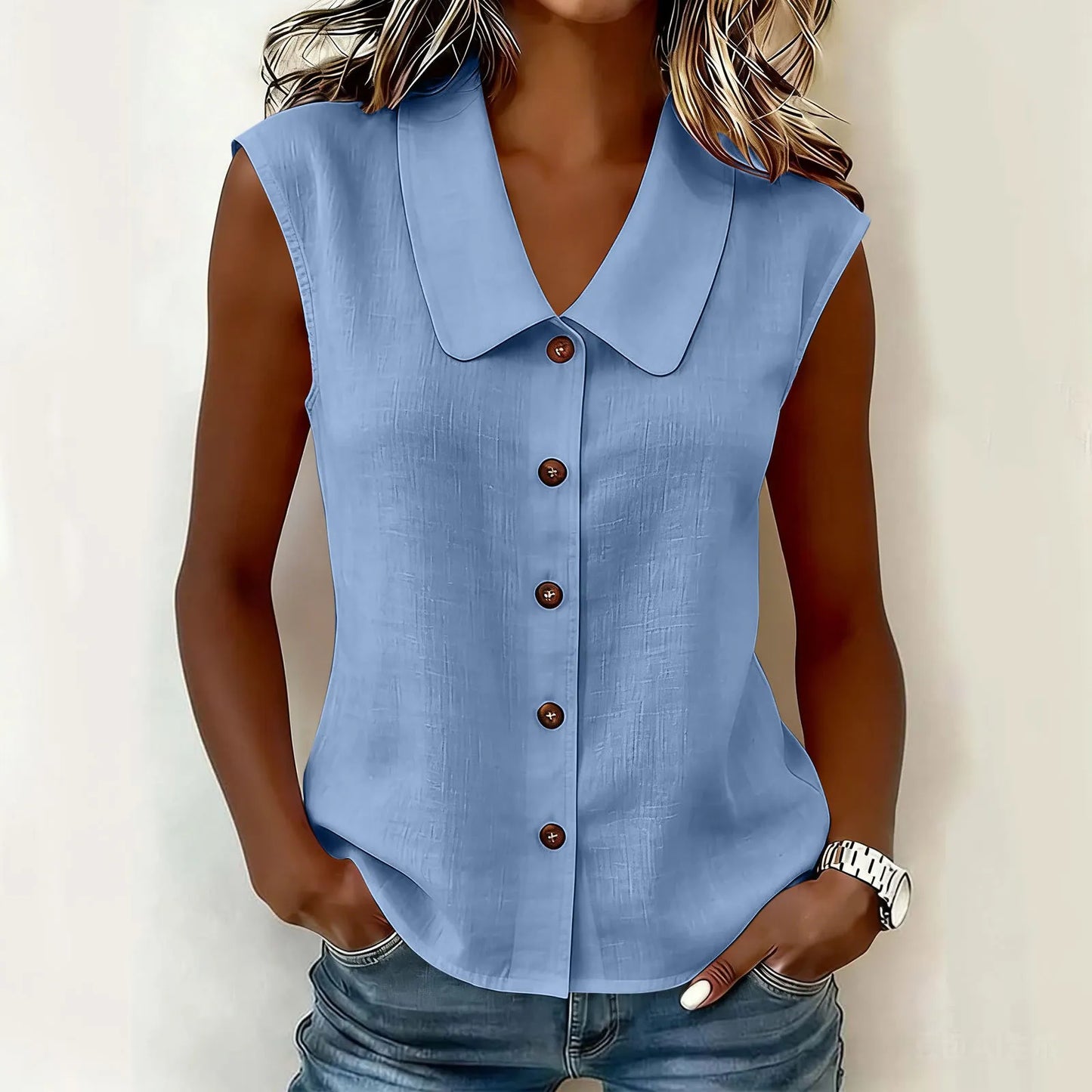 Women's Sleeveless Collared Button-Down Top