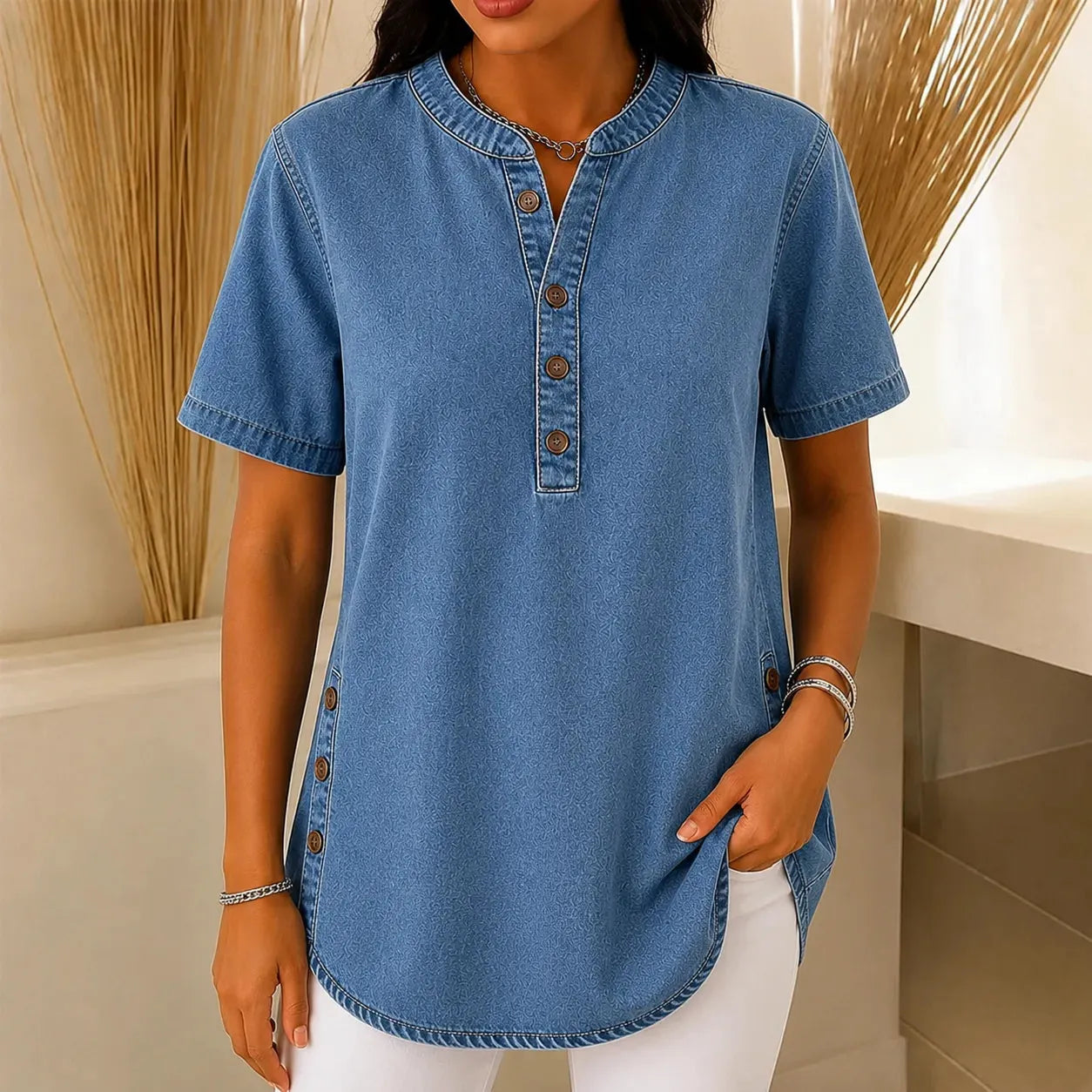 💃Hot sale 🌟Women's Long Denim Shirt – V-Neck Short-Sleeve Pullover
