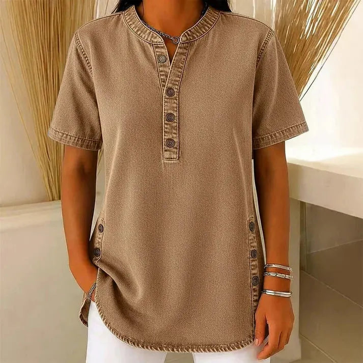 💃Hot sale 🌟Women's Long Denim Shirt – V-Neck Short-Sleeve Pullover