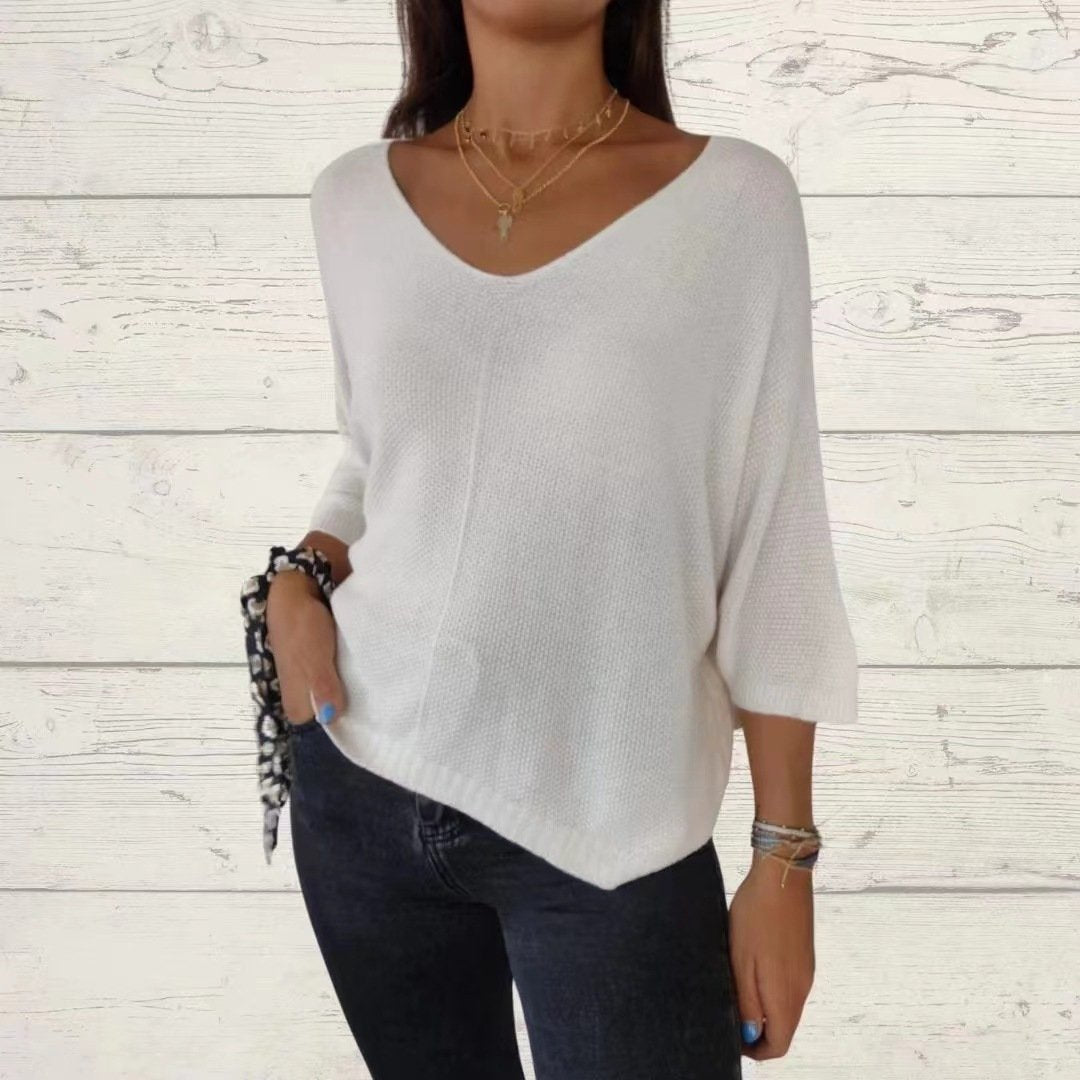 Batwing Sleeve Solid Color V-Neck Knit Top (Buy 2 Free Shipping)