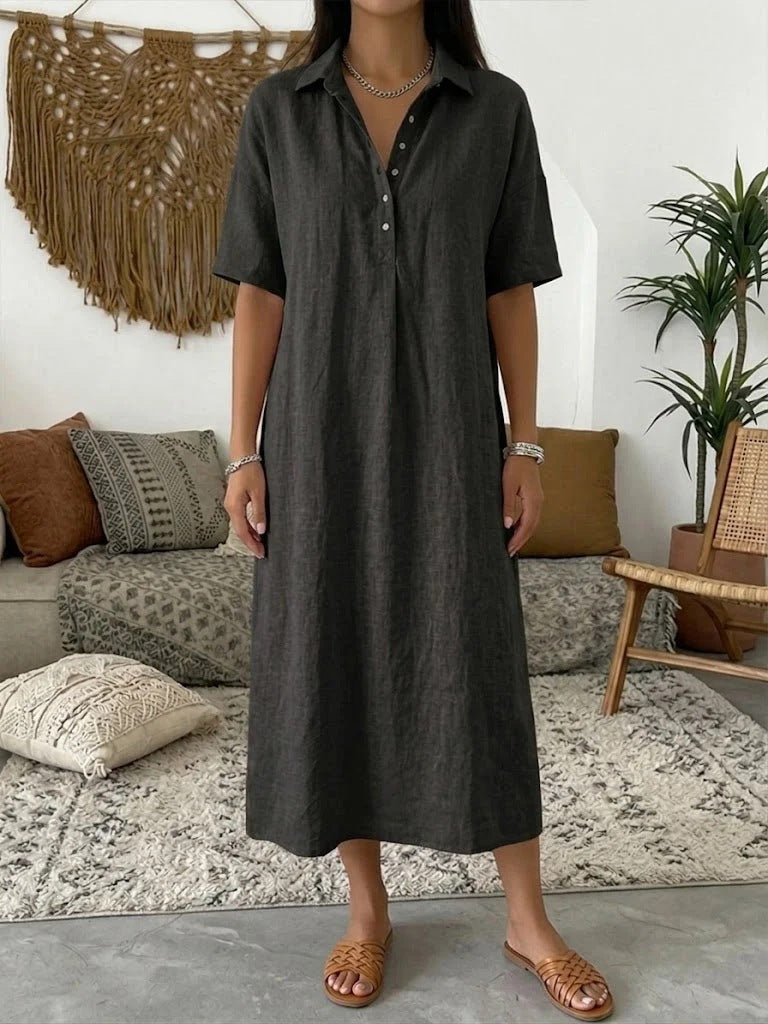 👠👗Women's Casual Cotton-Linen Short-Sleeve Polo-Collar Summer Dress