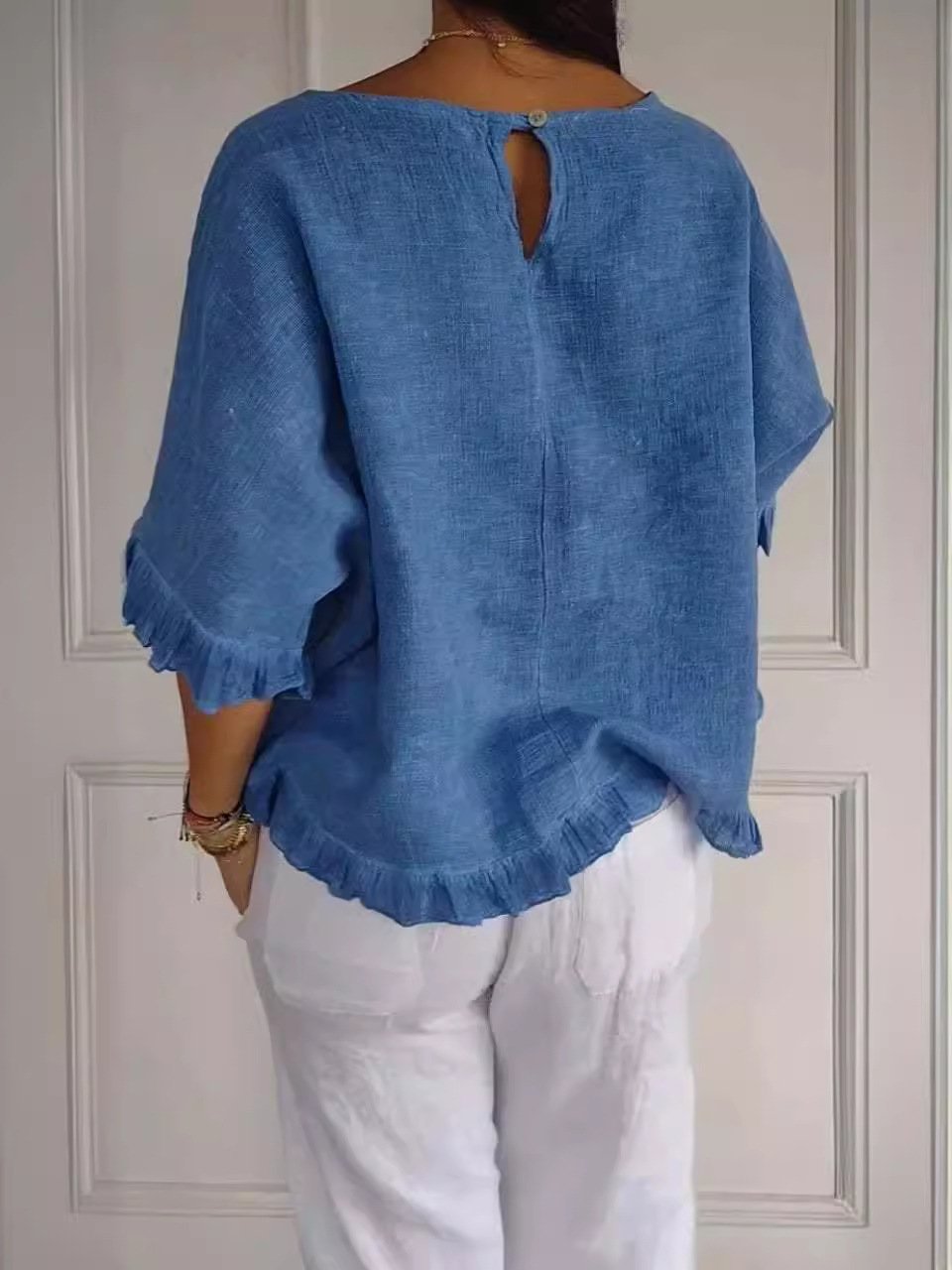 Round Neck Ruffled Hem Mid-sleeve Cotton and Linen Top (Buy 2 Free Shipping)