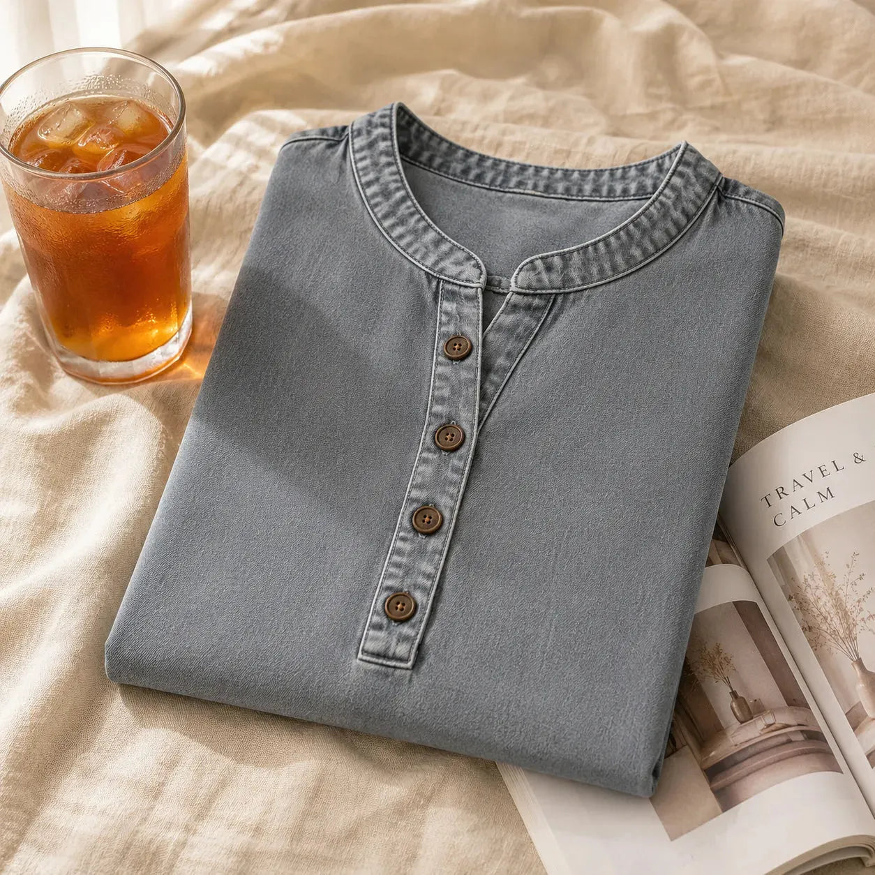 💃Hot sale 🌟Women's Long Denim Shirt – V-Neck Short-Sleeve Pullover