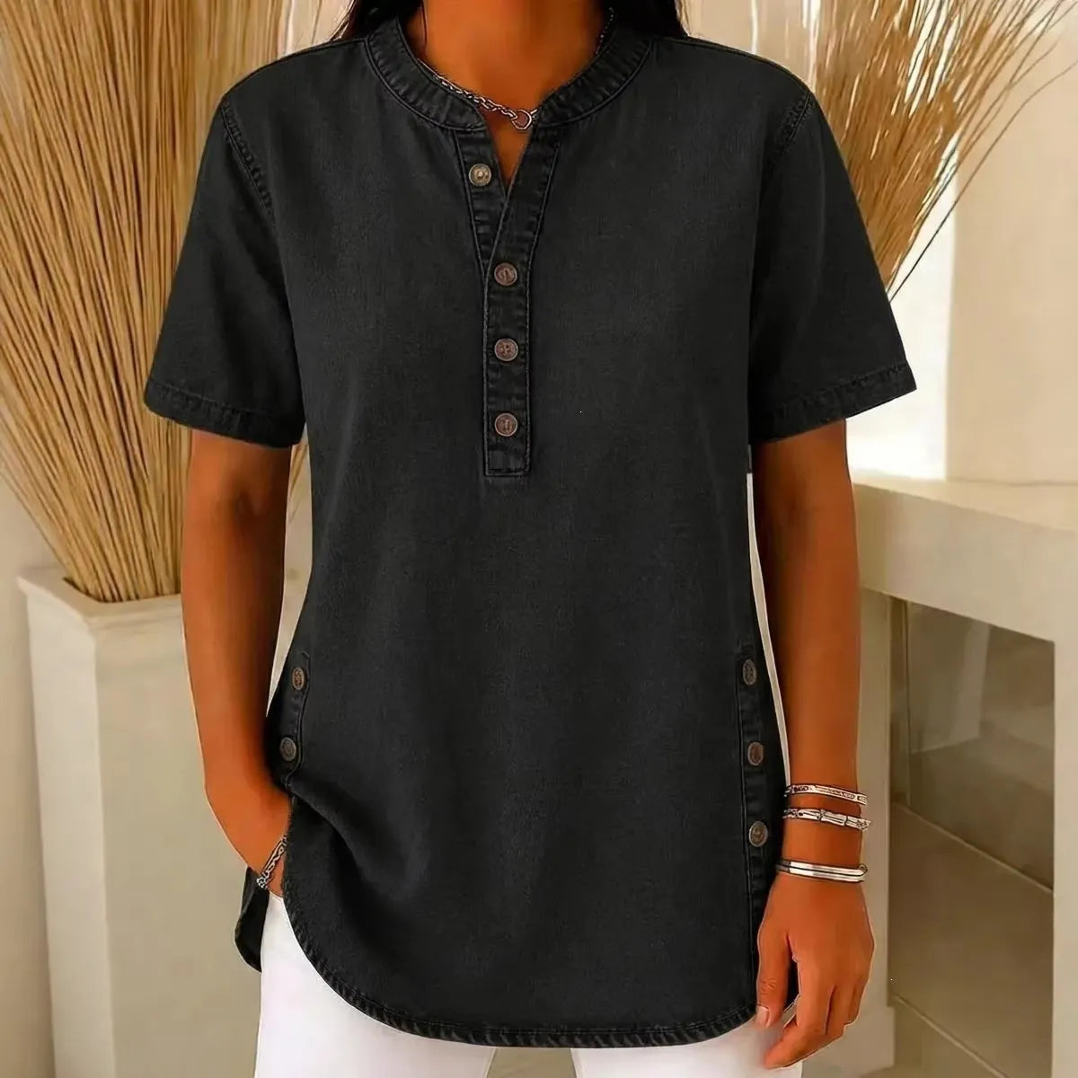 💃Hot sale 🌟Women's Long Denim Shirt – V-Neck Short-Sleeve Pullover