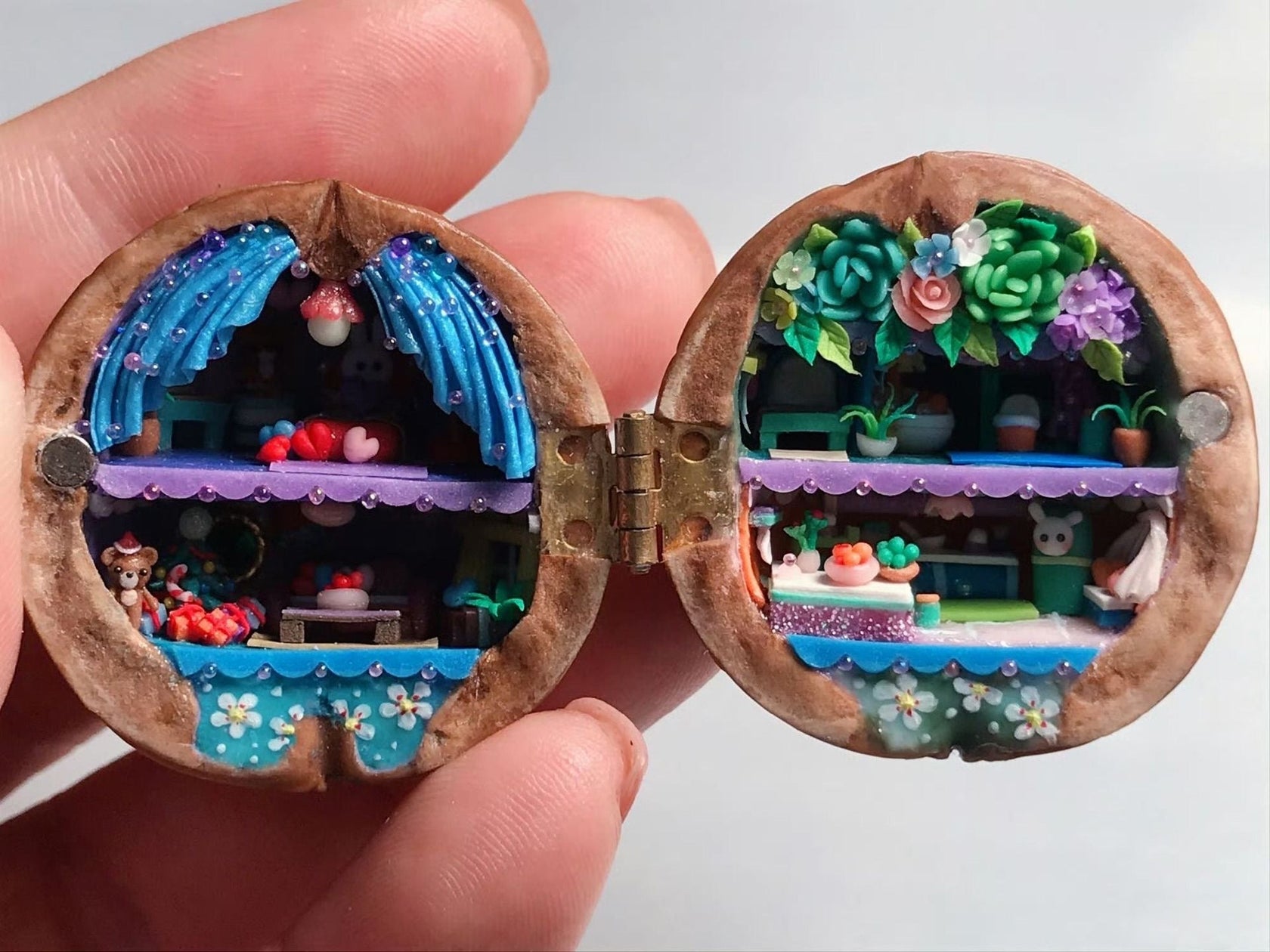 Handmade.Walnut Shell Doll House--mini library, tiny World inside waln ...