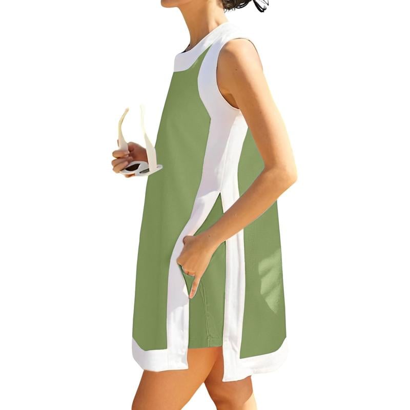 Women's Casual Color Block Two Piece Set Crewneck Sleeveless Top Shorts With Pockets