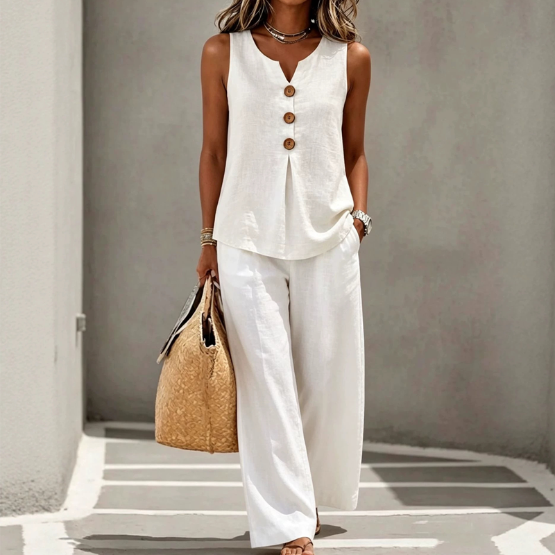 🏆 Best-Seller- Women's 2-Piece Set: V-Neck Button-Front Sleeveless Top & Trousers