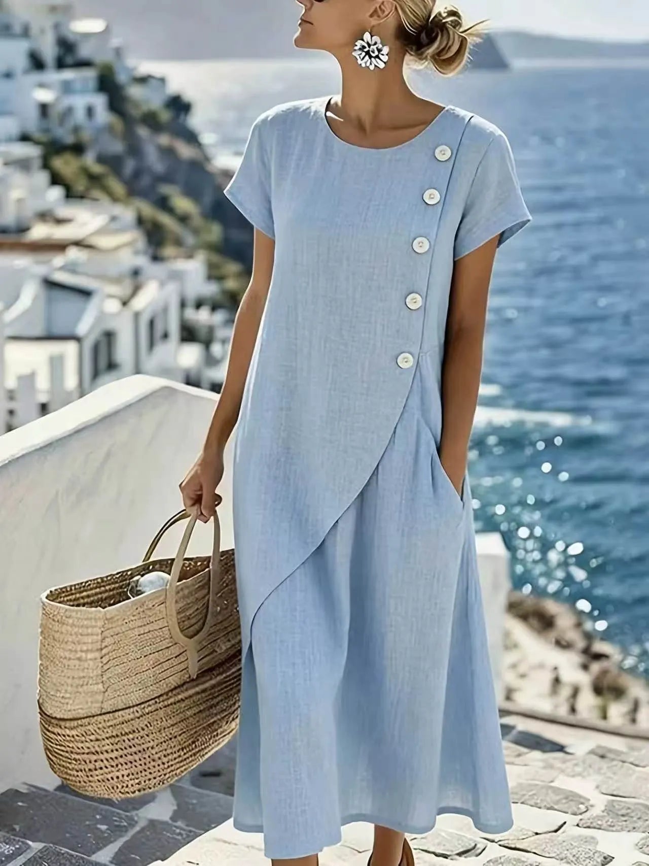 Round Neck Linen Midi Dress with Asymmetrical Buttons