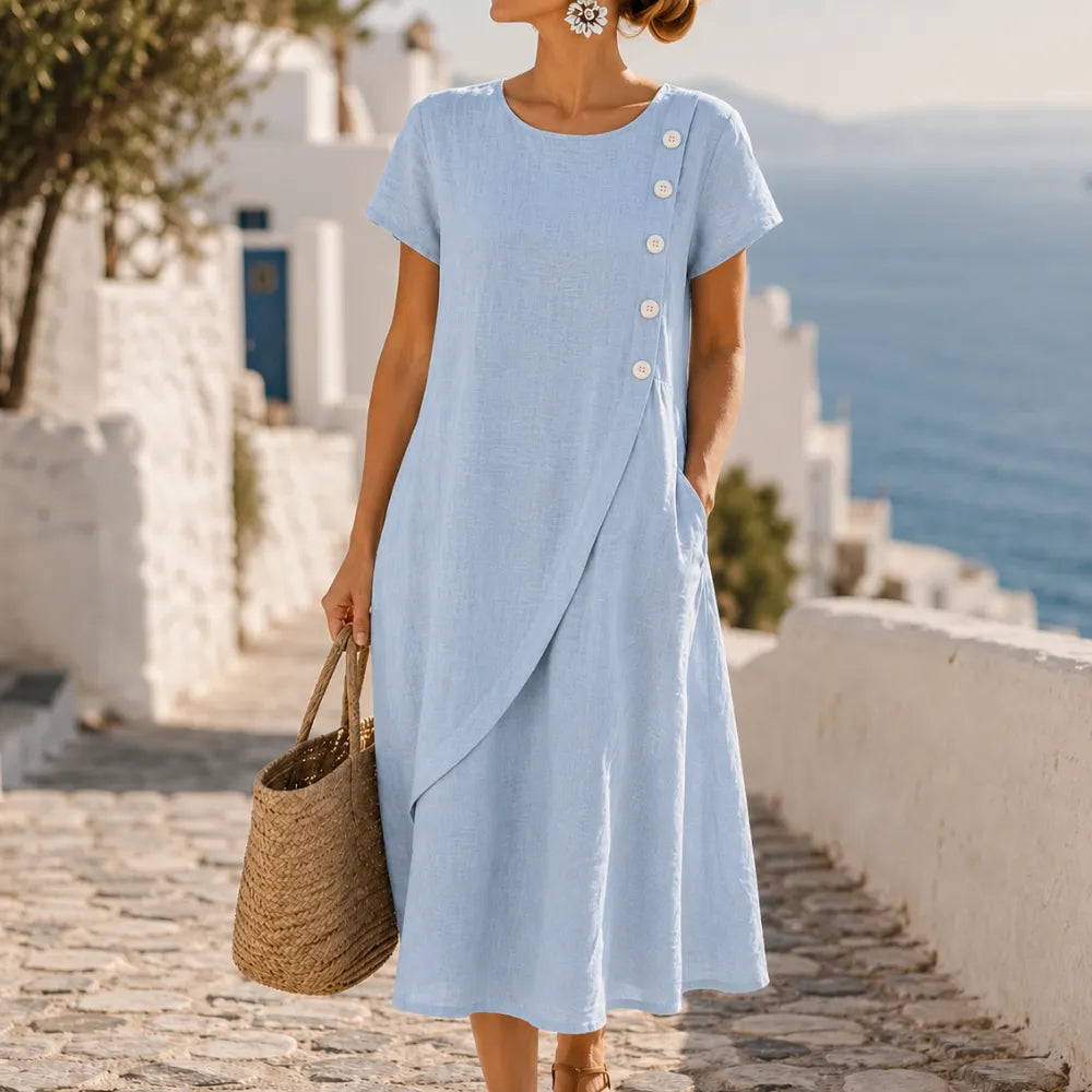 Round Neck Linen Midi Dress with Asymmetrical Buttons