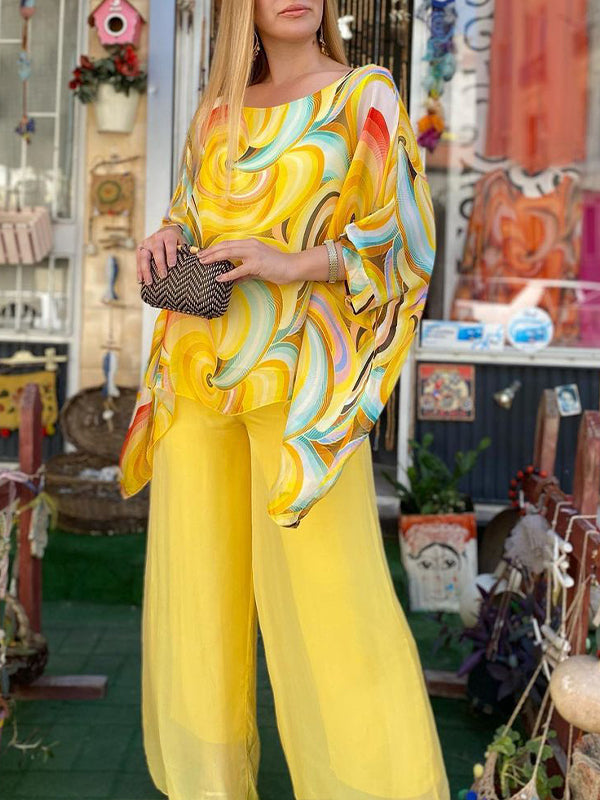 New Colorful Chiffon Set Casual Round Neck Print