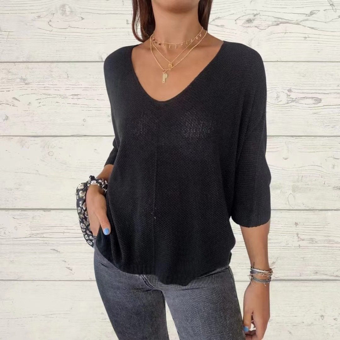 Batwing Sleeve Solid Color V-Neck Knit Top (Buy 2 Free Shipping)