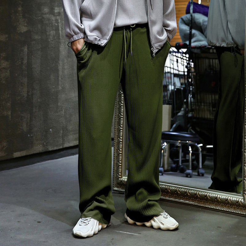 Men's Drawstring Pants Mid Waist Straight Leg Long Pants