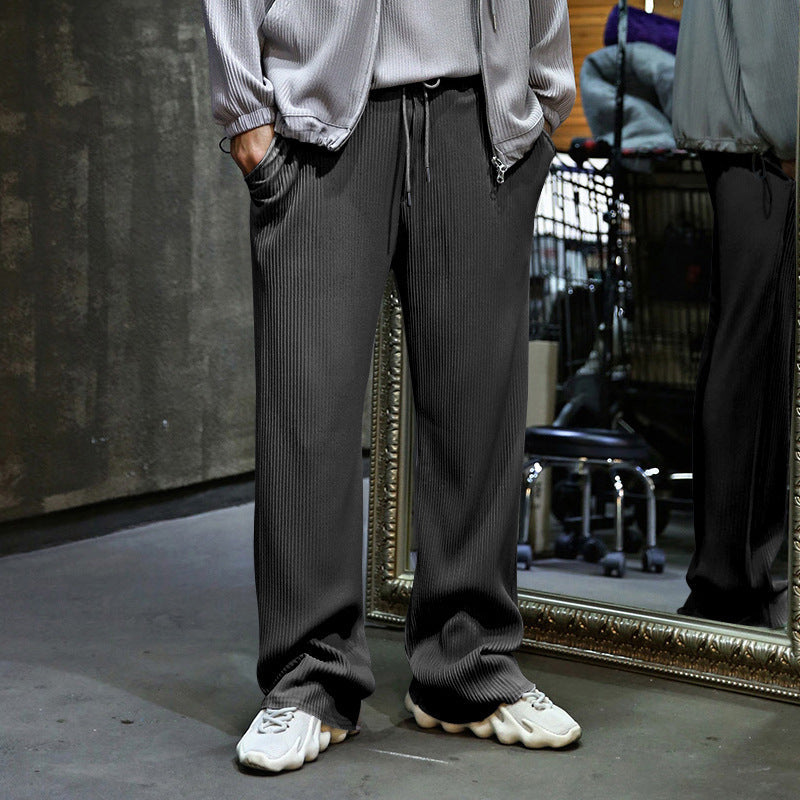Men's Drawstring Pants Mid Waist Straight Leg Long Pants