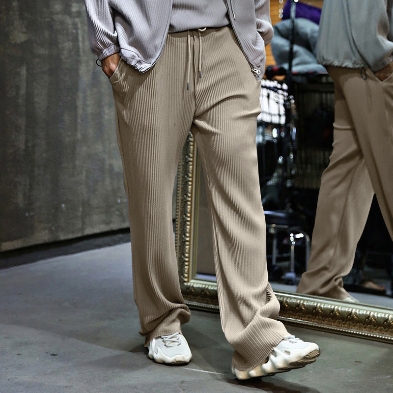 Men's Drawstring Pants Mid Waist Straight Leg Long Pants