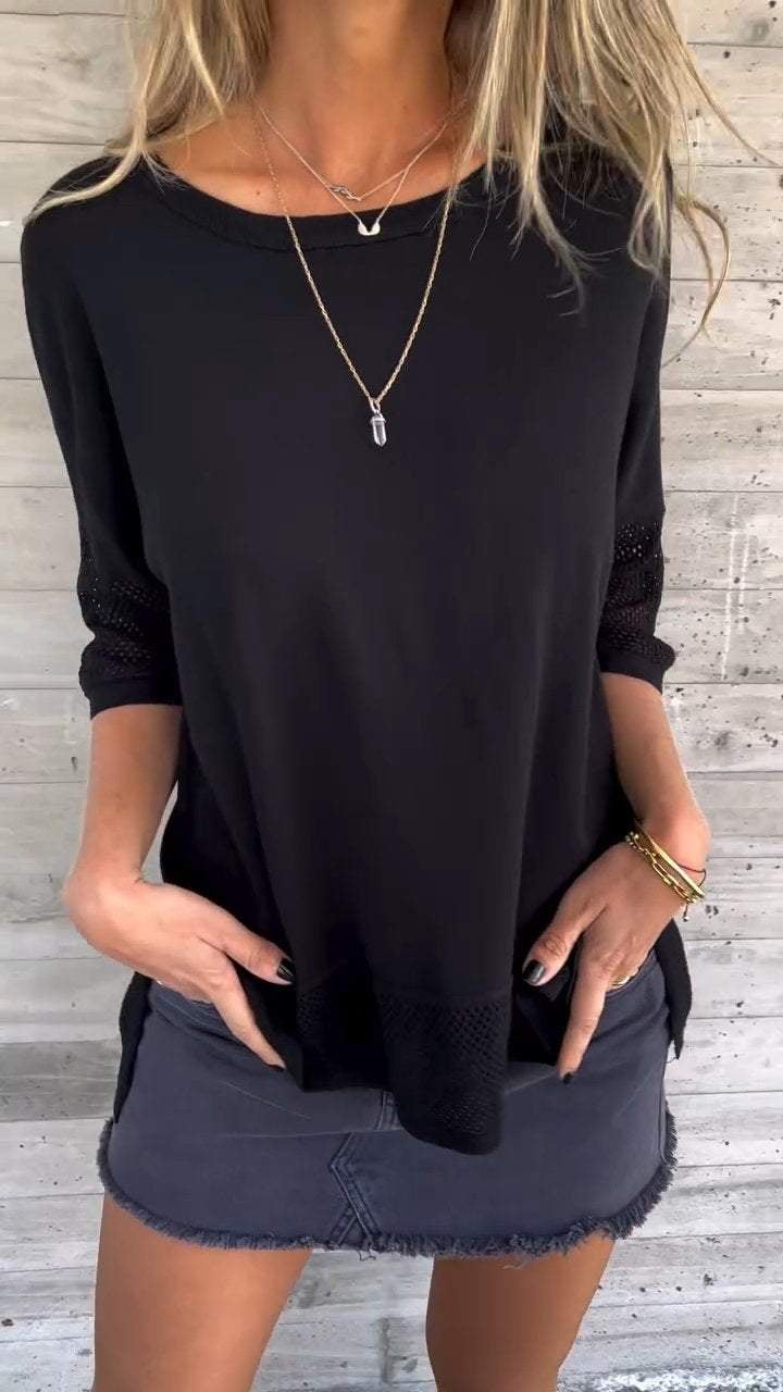 Casual Round Neck Hollow Sleeve and Hem Top (Buy 2 Free Shipping)