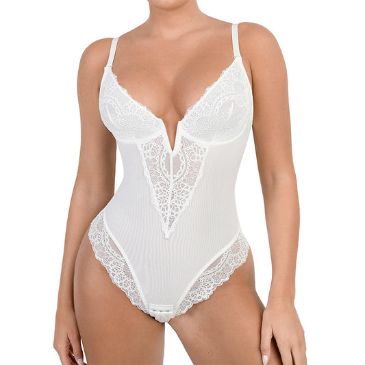 Deep-V Neck Lace Thong Bodysuit - Buy two and get free shipping!