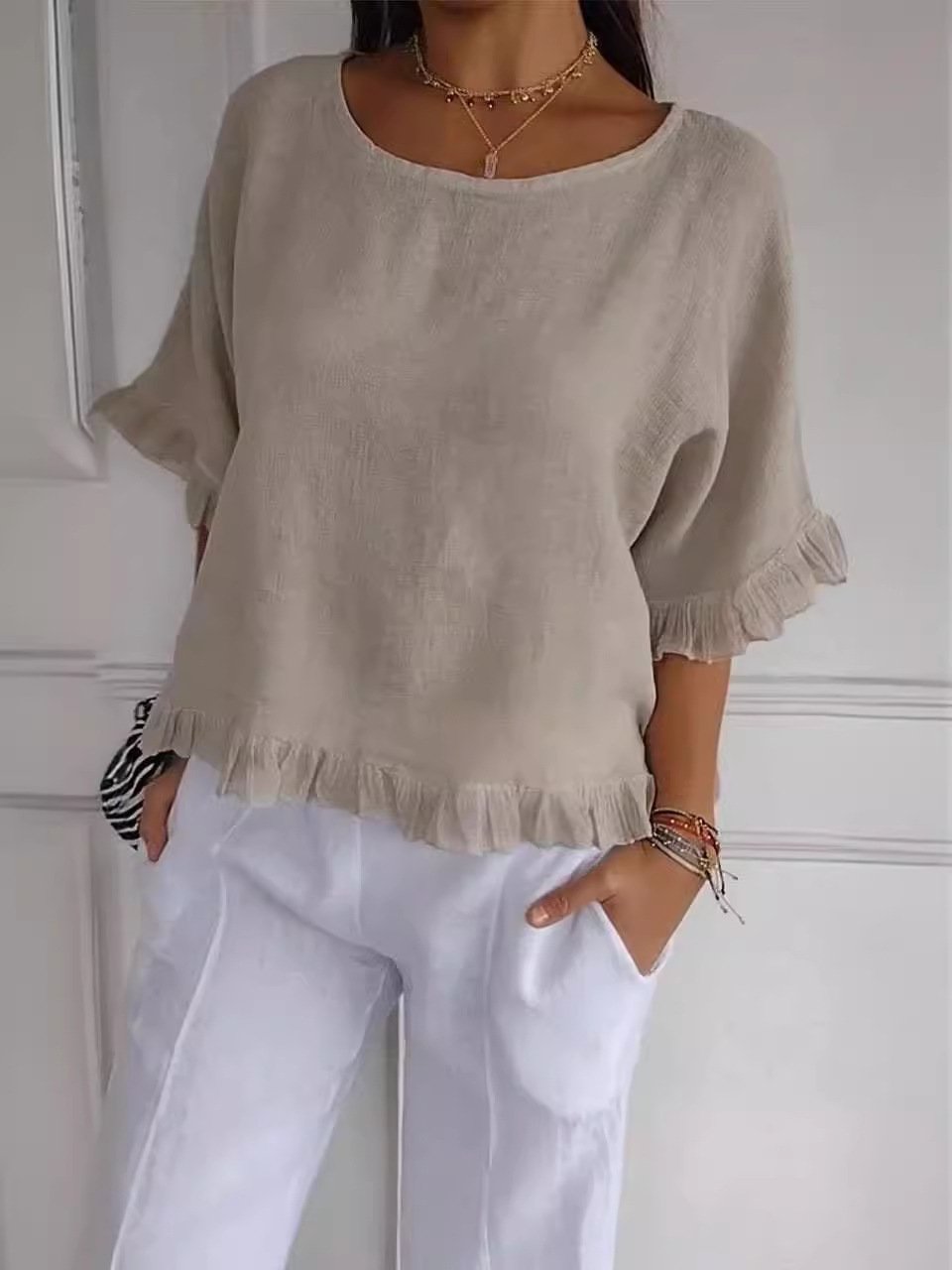 Round Neck Ruffled Hem Mid-sleeve Cotton and Linen Top (Buy 2 Free Shipping)