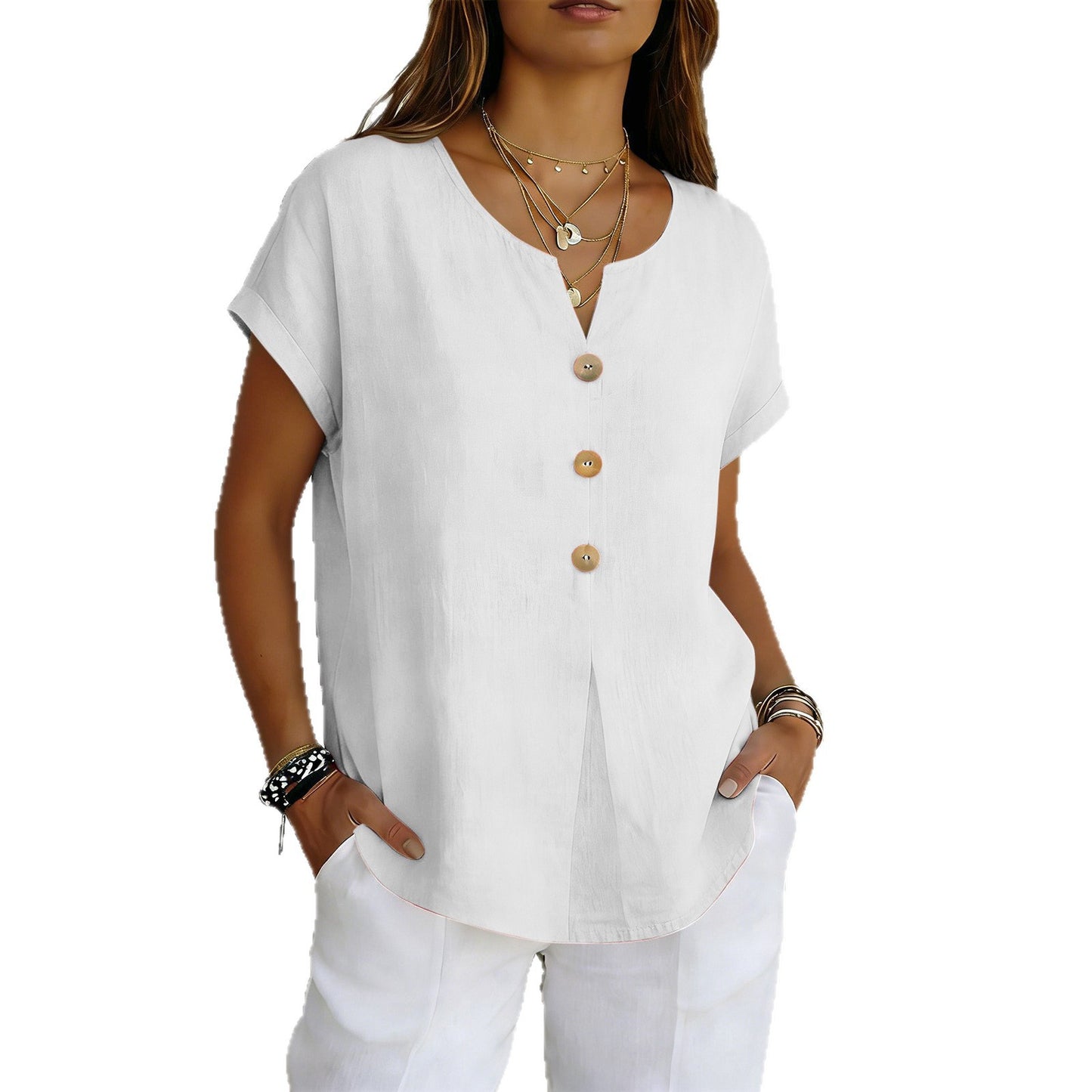 🌝Summer New Arrivals:Women's Loose V-Neck Shirt with Faux-Wood Buttons
