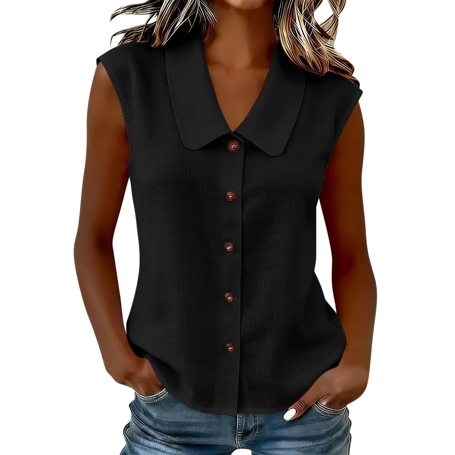 Women's Sleeveless Collared Button-Down Top